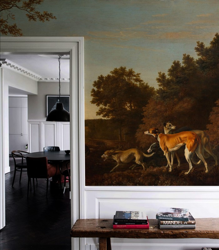 Tapeta Chart w nowoczesnym wnętrzu z jadalnią - kontrast klasycznego muralu i współczesnych mebli