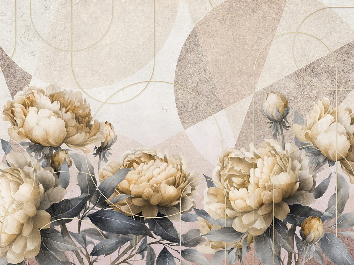 Tapeta na wymiar Peonia Peon WallCraft 815322301 z motywem kremowych piwonii na geometrycznym tle