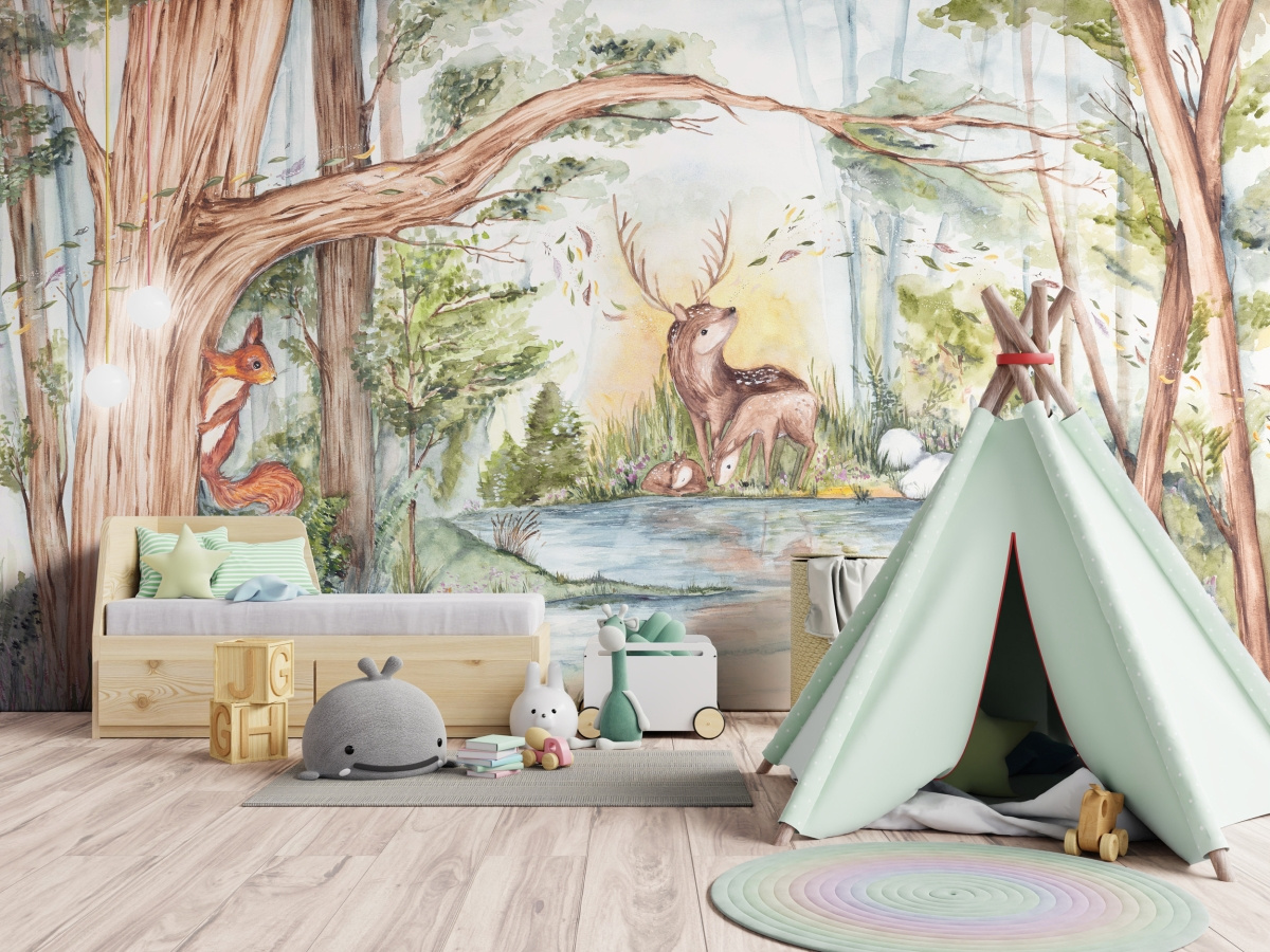 Tapeta artystyczna panoramiczna do pokoju dziecięcego – Deer Friends z jeleniem i jeziorem