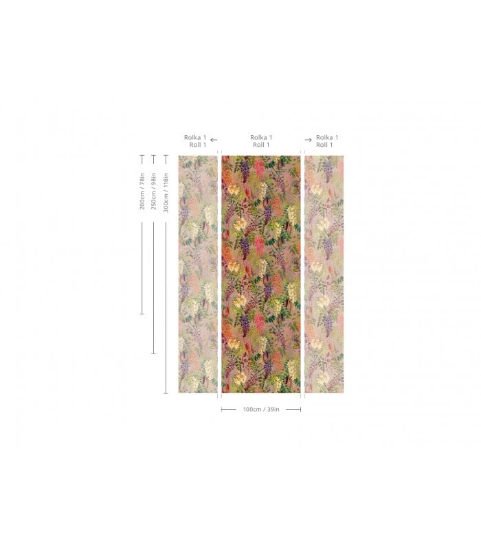 Tapeta Acacia Wallcolors – schemat ułożenia pasów i wymiarów