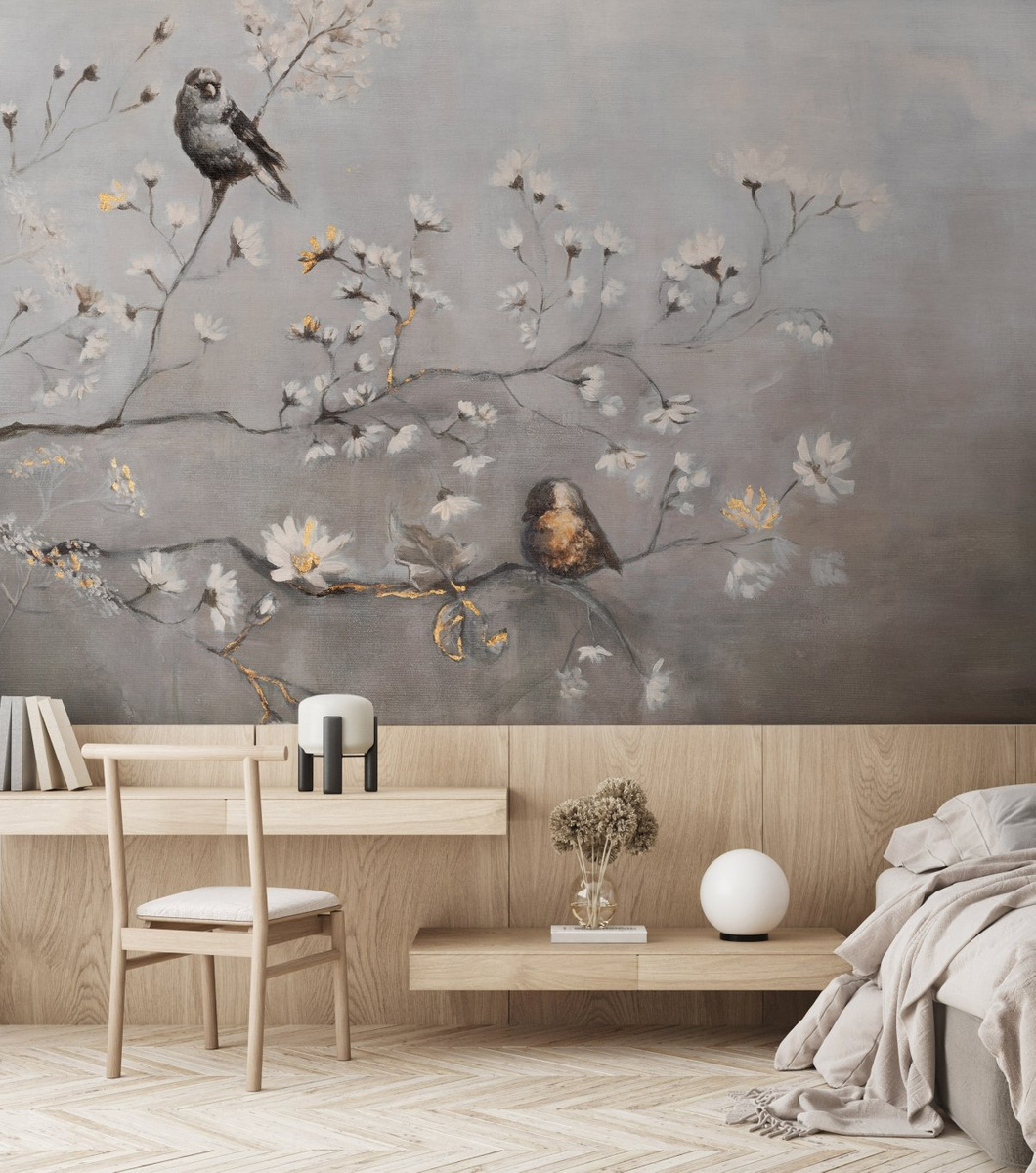 tapeta na wymiar WallArt do salonu – motyw malarskich gałązek i ptaków w szarościach