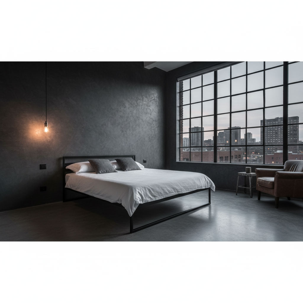 Tynk Marmorino w efekcie betonu w sypialni - styl industrialny