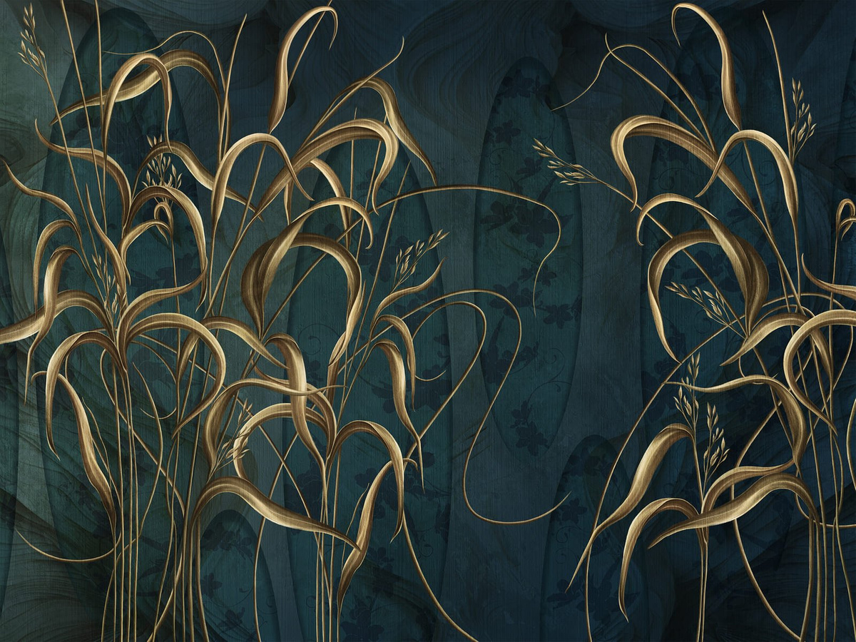 Tapeta liście Bonetti WallCraft 840322401 – zielone tło z dekoracyjnymi złocistymi liśćmi