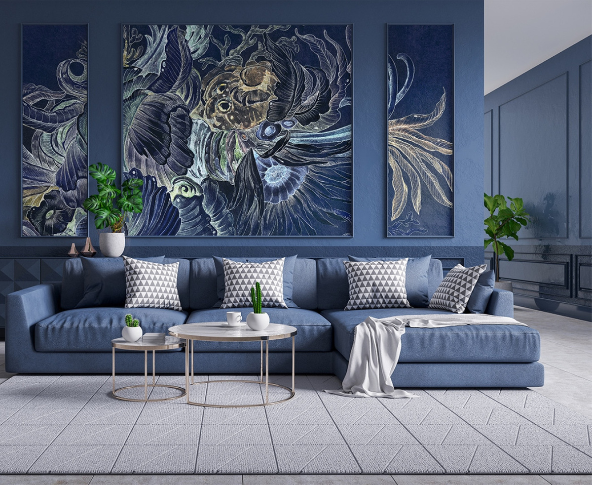 tapeta na wymiar RAUV rafa koralowa ocean granatowa do salonu na ścianę za sofą