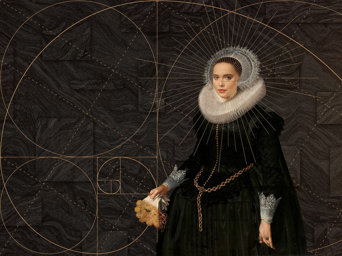 Tapeta królowa geometria Bianco WallCraft z portretem na ciemnym geometrycznym tle