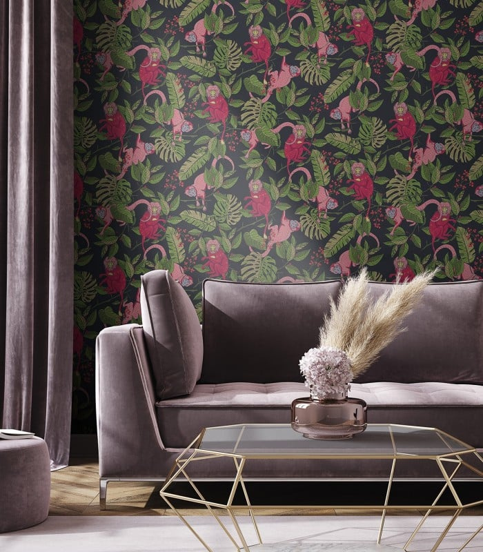 Tapeta Pink Monkey Wallcolors aranżacja salonu z motywem roślinnym i małpkami