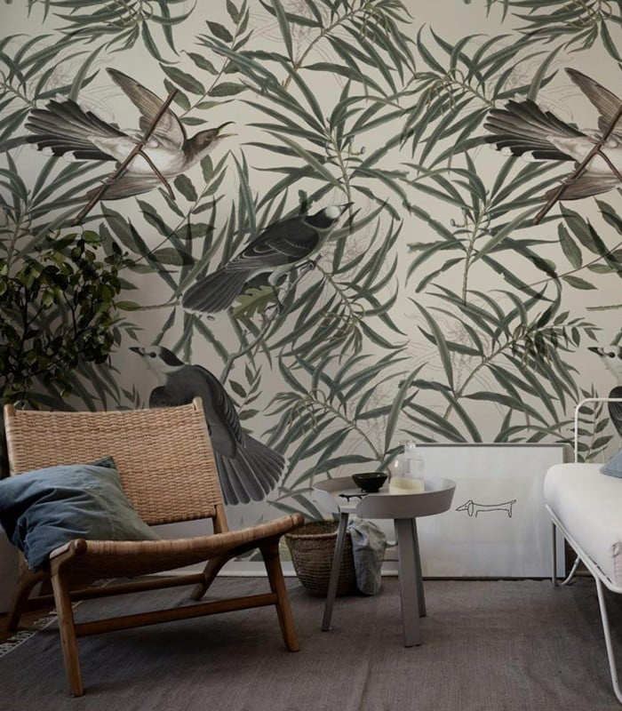 Tapeta Wagtail z motywem ptaków i zielonych liści w salonie