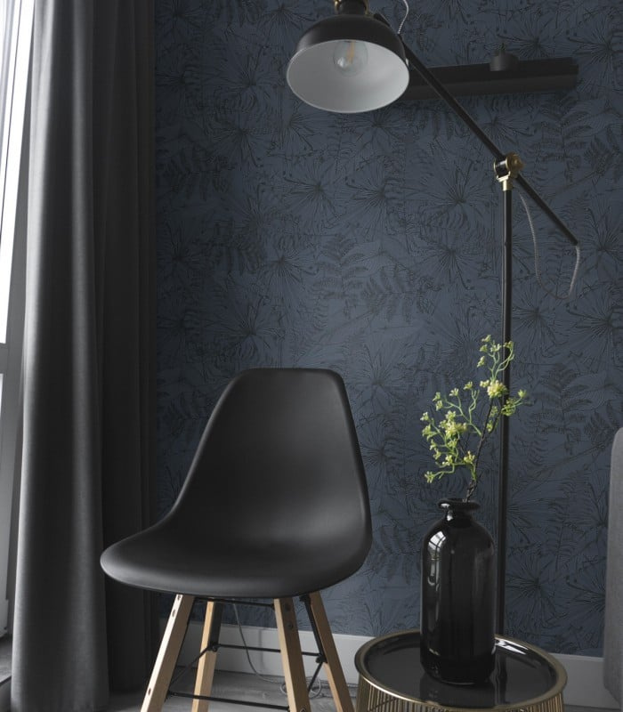 Tapeta Leaves Composition Wallcolors w aranżacji salonu z nowoczesnym oświetleniem