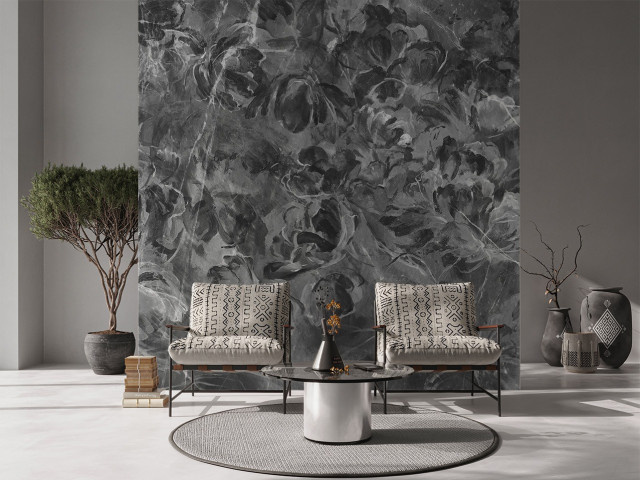 Tapeta RAUV Midnight Bloom w salonie w stylu loft na strukturze betonowej