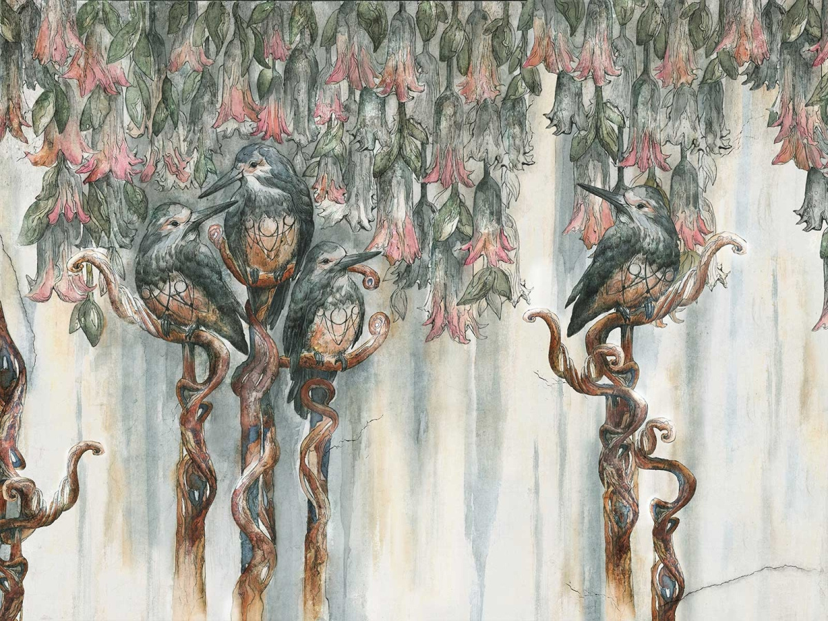 Zbliżenie wzoru fototapety ILAR 520 31 2201 WALLCRAFT z ptakami i kwiatami