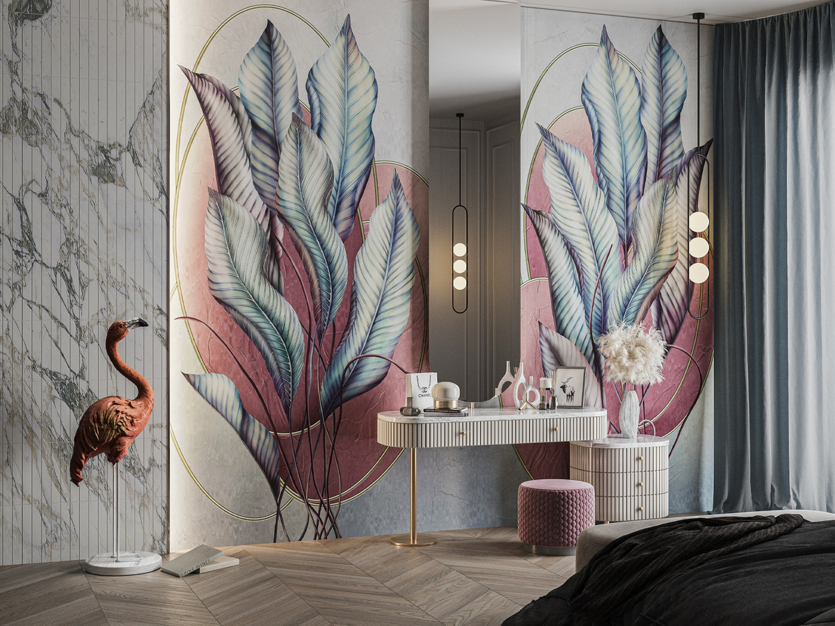 Tapeta liście Devi WallCraft 845312401 we wnętrzu sypialni