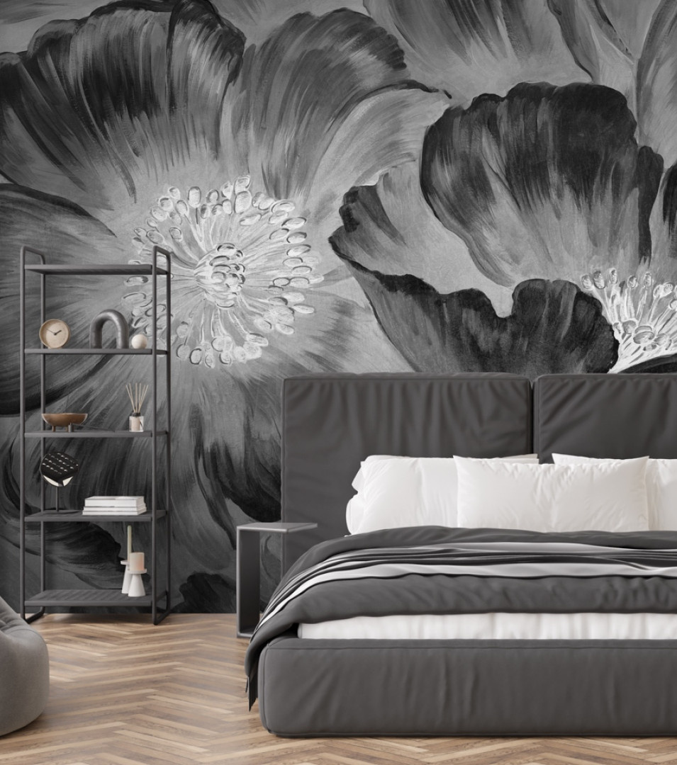 tapeta na wymiar RAUV w duże kwiaty szaro-czarne do sypialni na podkładzie canvas