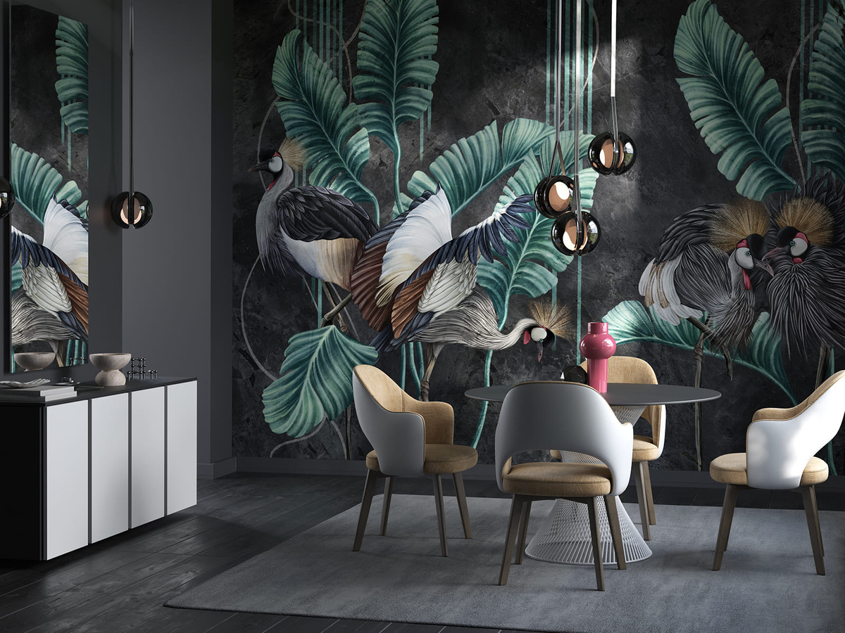 Tapeta egzotyczne liście i ptaki Renet WallCraft 785312301 w aranżacji jadalni