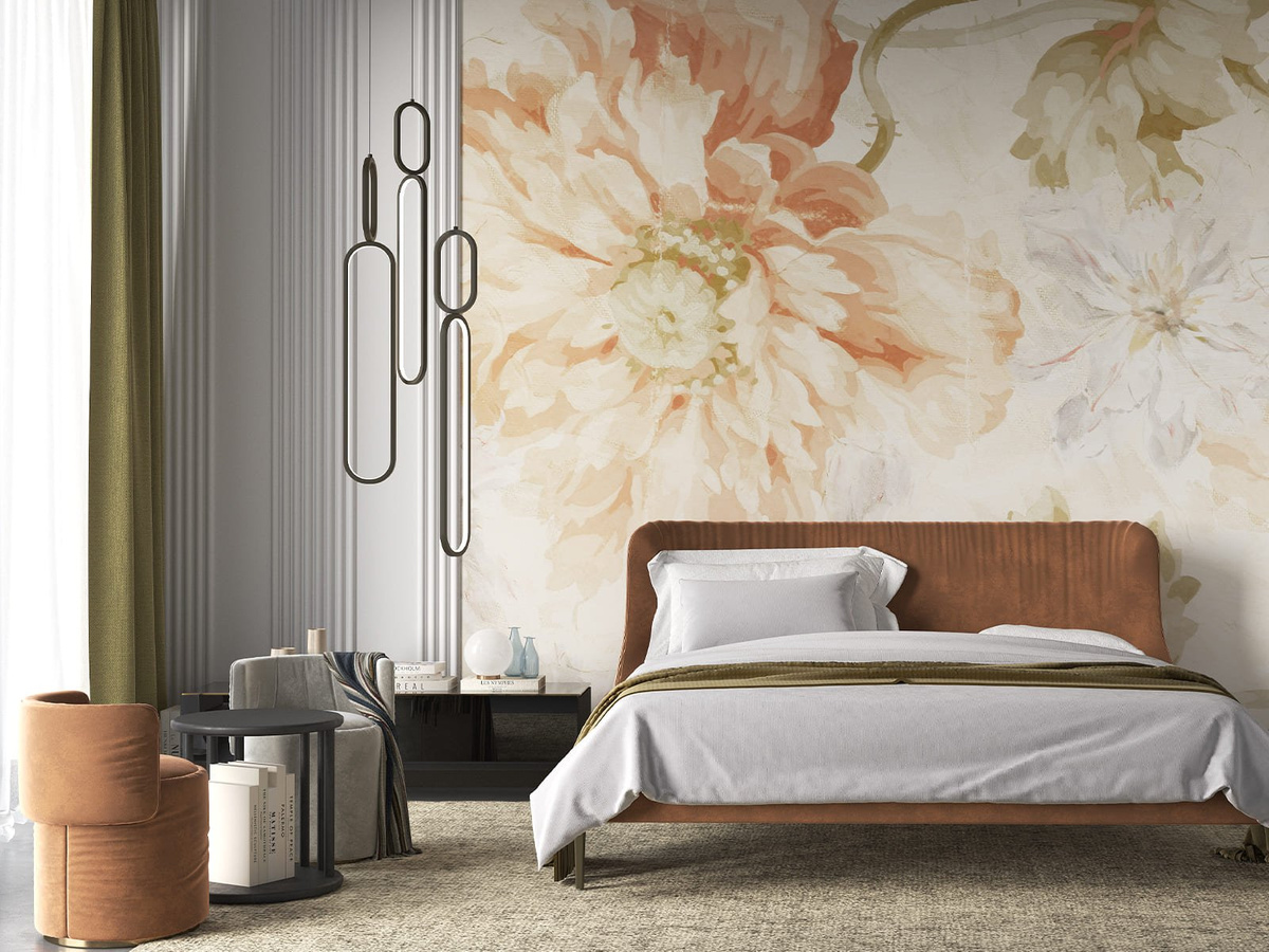 Tapeta pastelowe kwiaty Chaler WallCraft 745312301 we wnętrzu sypialni