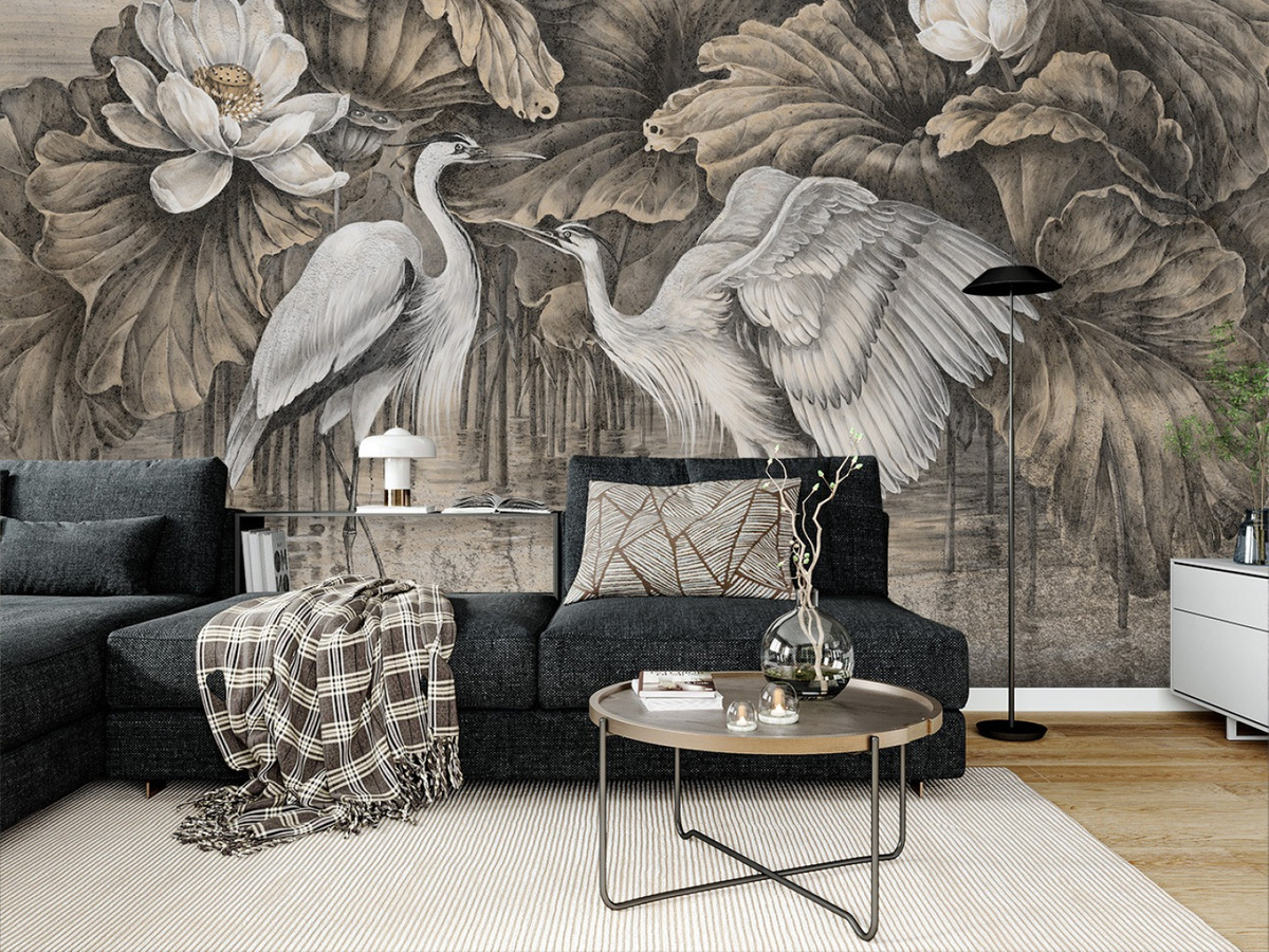 Mural na wymiar RAUV Tapeta w czaple i kwiat lotosu 2 w salonie w odcieniach beżu i szarości