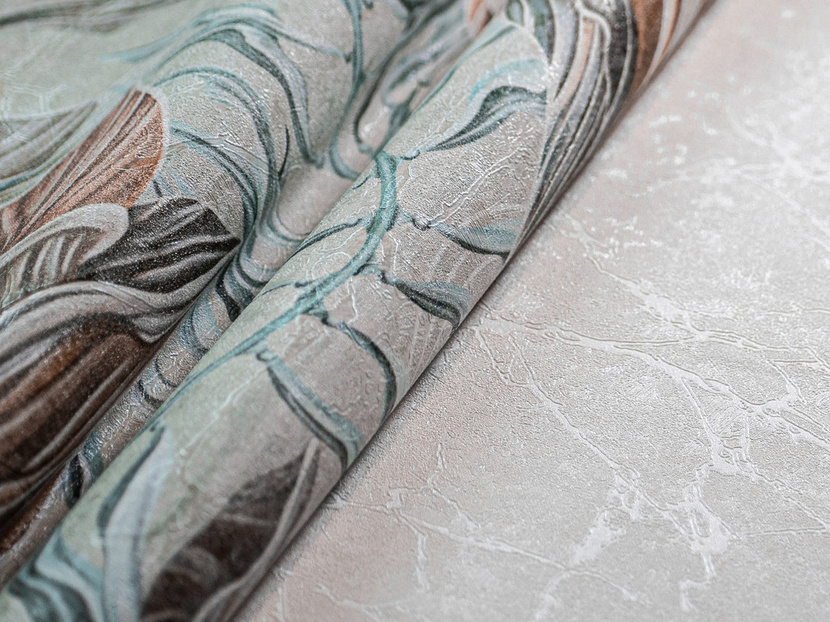 Struktura materiału tapety kwiaty i liście Bloom WallCraft z widoczną fakturą winylu