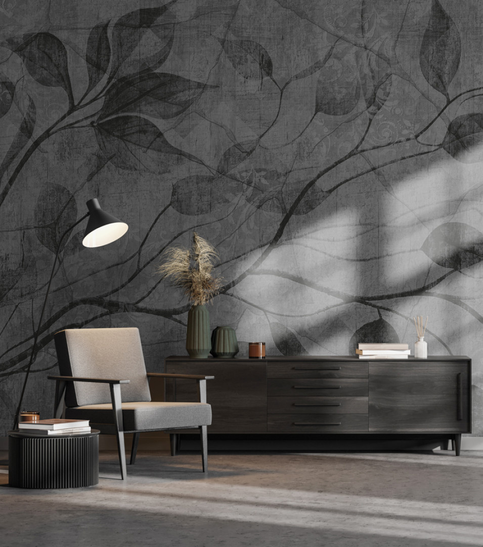 Tapeta na wymiar RAUV Tapeta w liście gałąż ciemna do salonu na podkładzie Concrete lub Loft