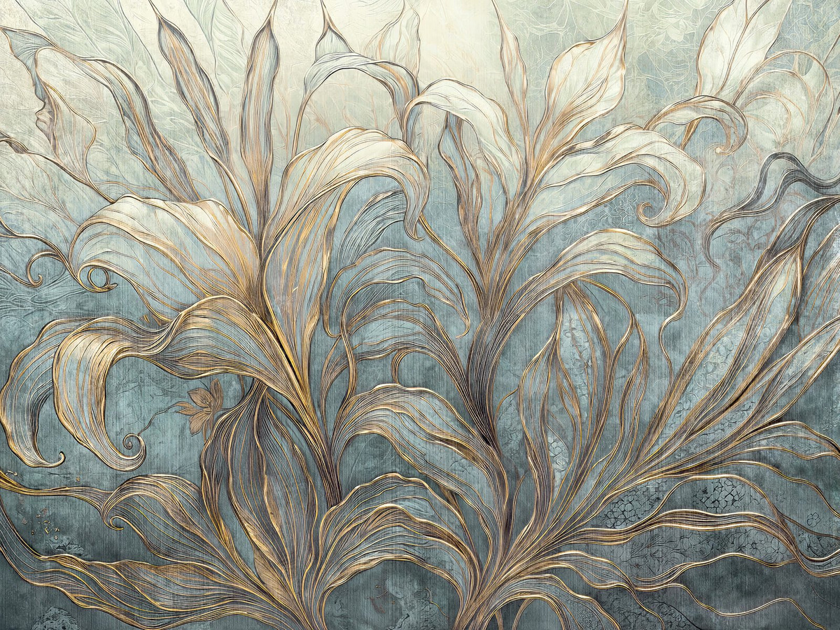 Tapeta liście konwalii Fiorita WallCraft 905322401 – mural ścienny na wymiar w zielono-złotej kolorystyce