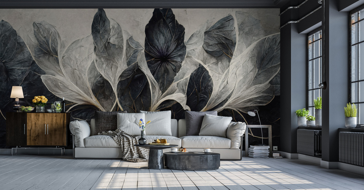 Mural RAUV Tapeta w duże liście rośliny 1 we wnętrzu salonu loft