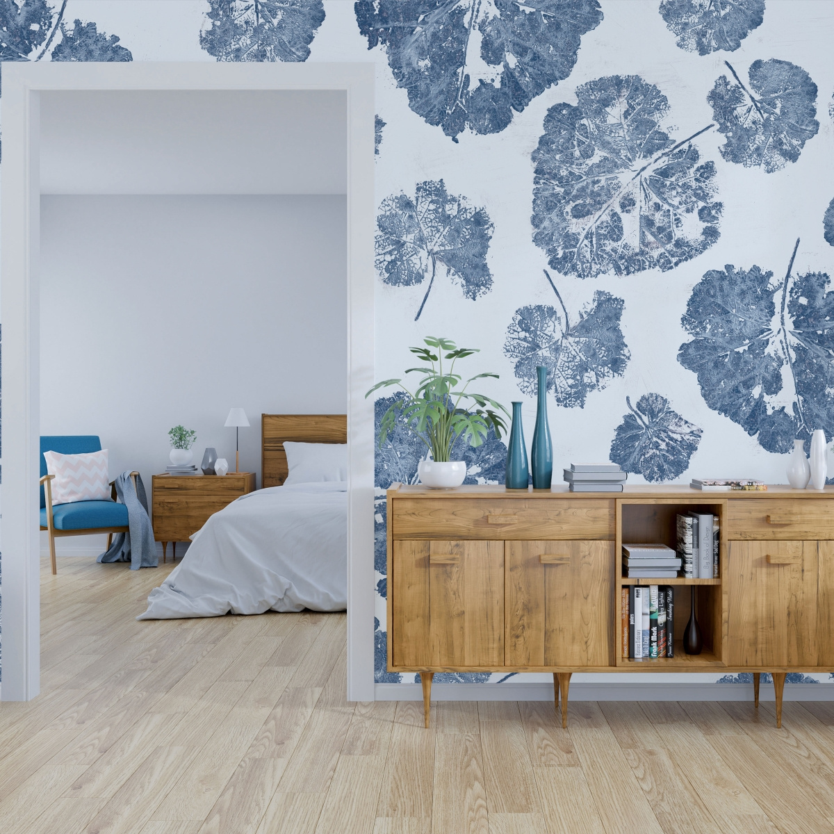 tapeta na wymiar WallArt do salonu – Foglia Navy z motywem niebieskich liści