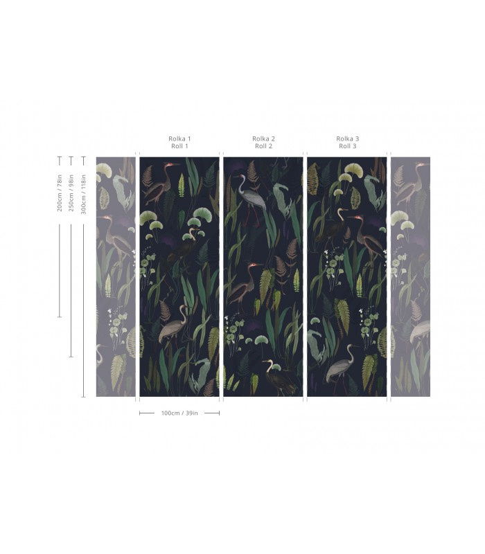 Schemat podziału wzoru Calm Heron Navy na pasy tapety Wallcolors