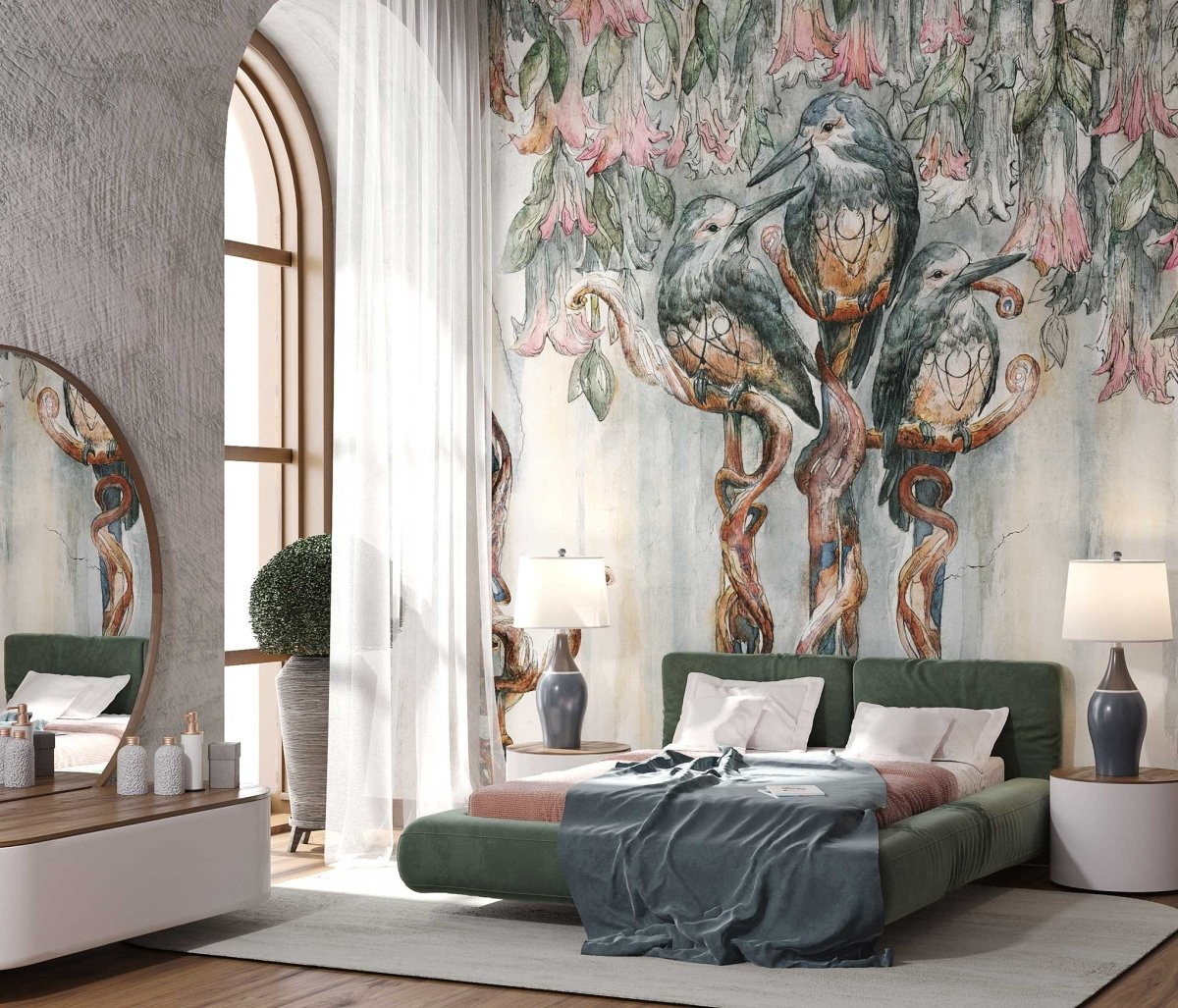 Fototapeta ILAR 520 31 2201 WALLCRAFT w sypialni z motywem ptaków i kwiatów