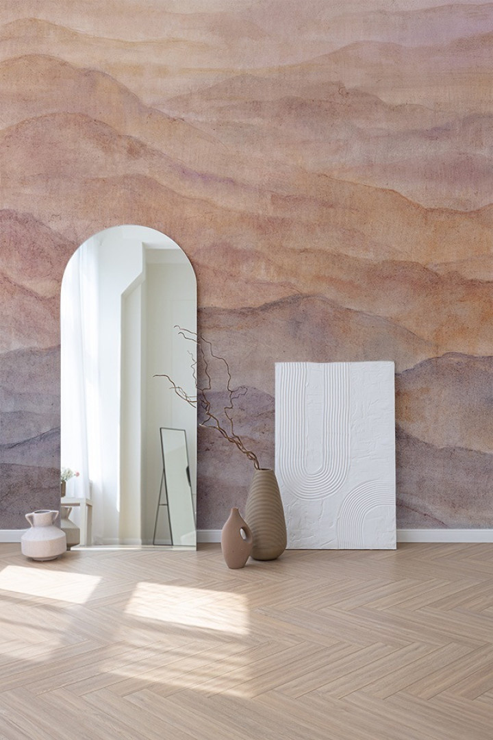 Mural RAUV Wzgórza rożowo-fioletowa do jasnego salonu z lustrem