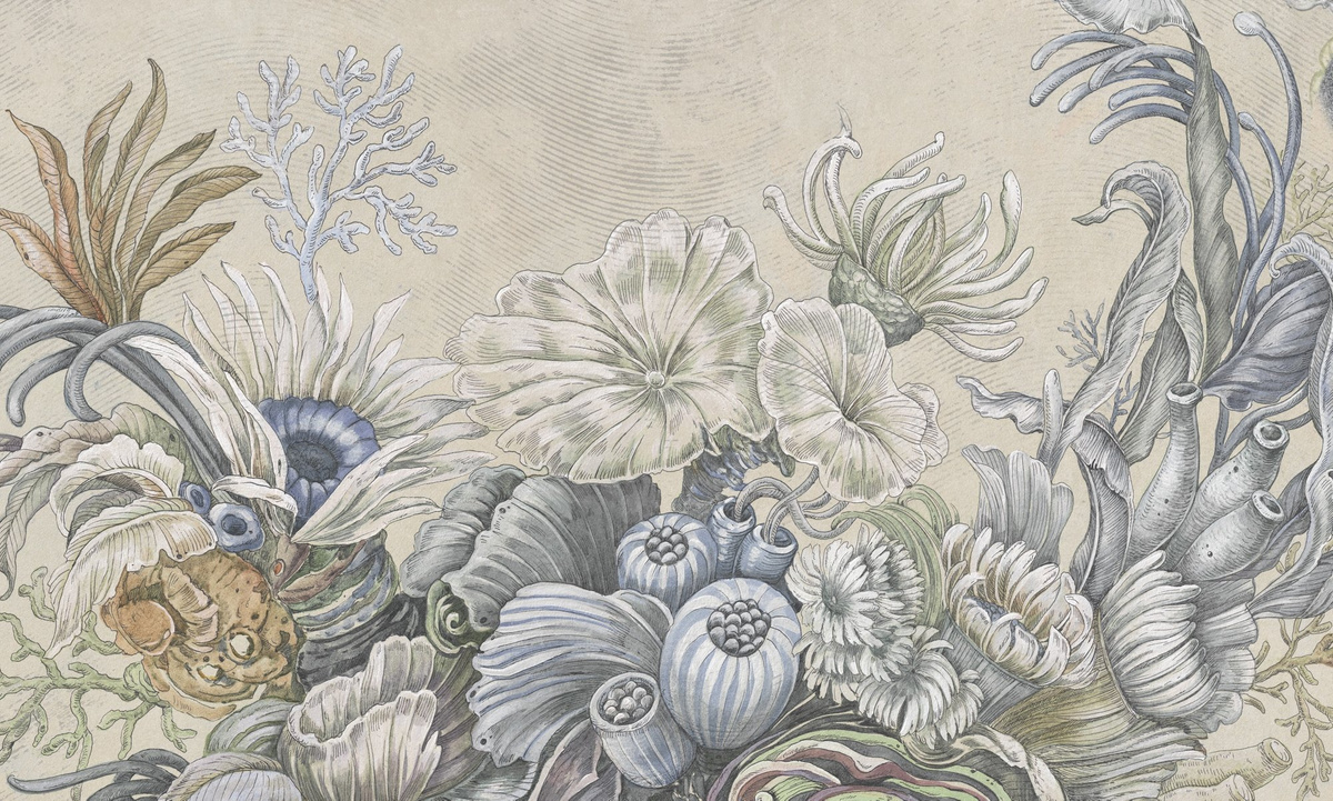 mural na wymiar RAUV rafa koralowa bezowo-niebieska do sypialni na podkładzie linen