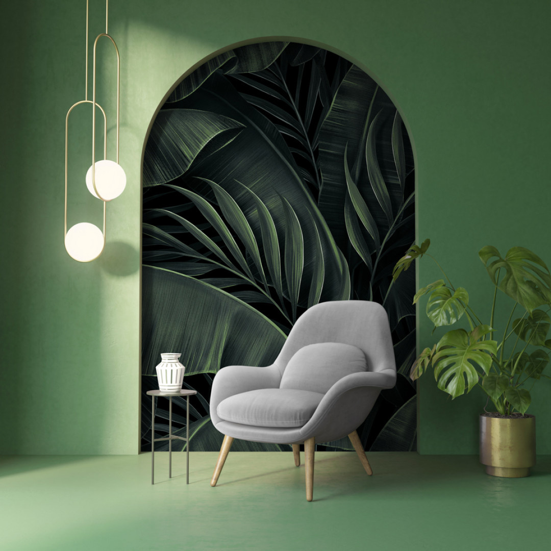 tapeta na wymiar RAUV w egzotyczne liście palmy zielone do salonu na podkładzie premium