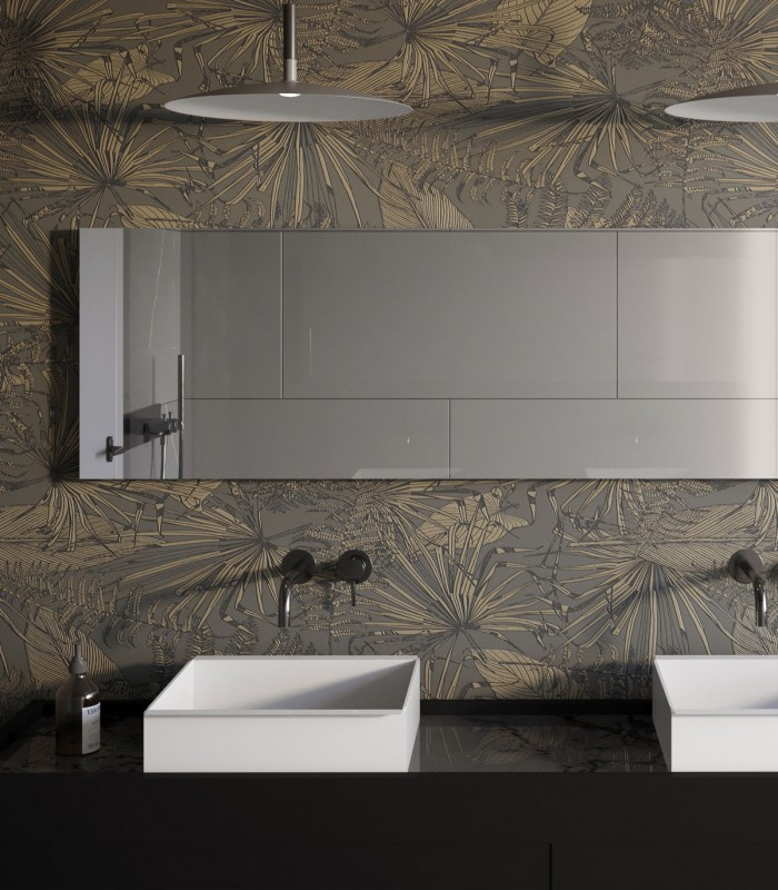 Tapeta Fern Wallcolors w łazience z dwiema umywalkami