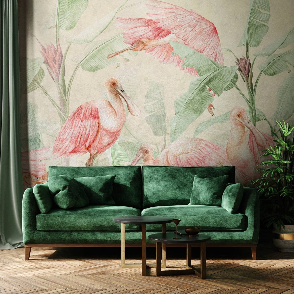 tapeta na wymiar WallArt do salonu – motyw tropikalny z różowymi ptakami
