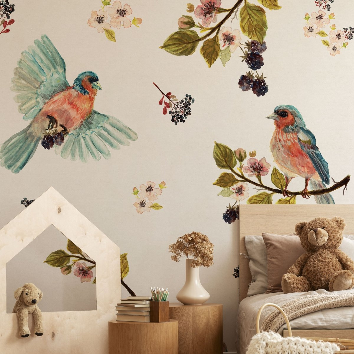 tapeta na wymiar WallArt do salonu i pokoju dziecka z motywem akwarelowych ptaków na kremowym tle