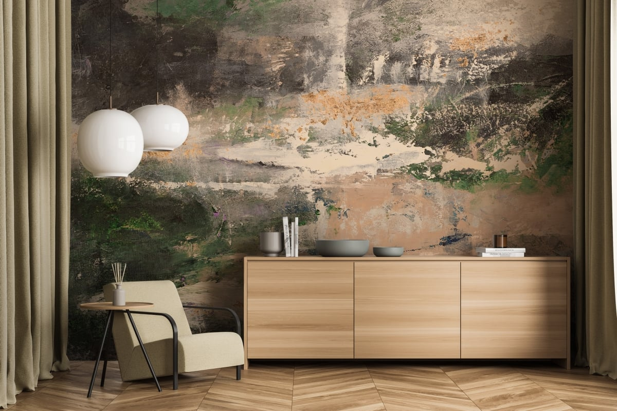 tapeta na wymiar WallArt do salonu – motyw abstrakcyjny Moss w odcieniach zieleni, szarości i złota