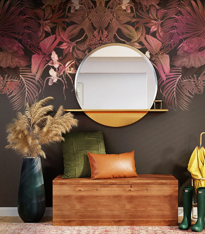 Tapeta Tropical Composition Pink marki Wallcolors w korytarzu z drewnianą ławką i okrągłym lustrem