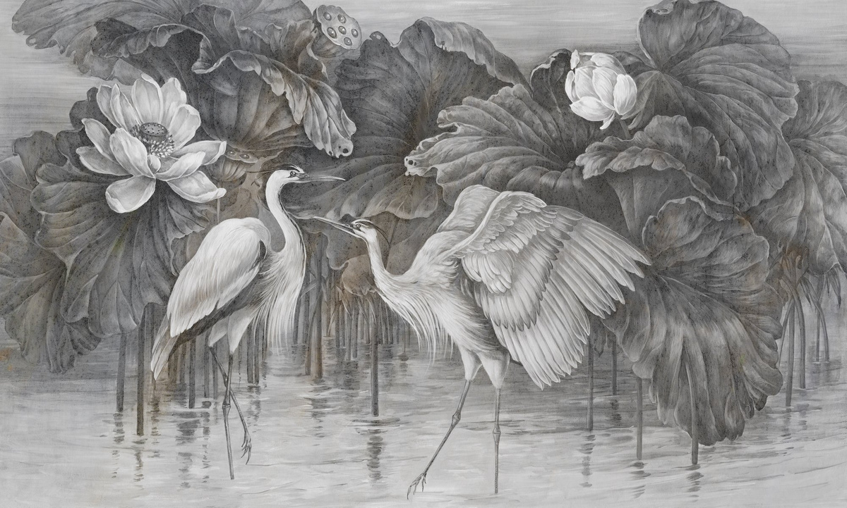 mural na wymiar RAUV Tapeta w czaple i kwiat lotosu z motywem ptaków i kwiatu lotosu