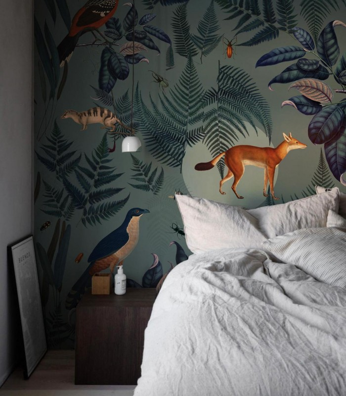 Tapeta ekologiczna Turquoise Fern Wallcolors w sypialni