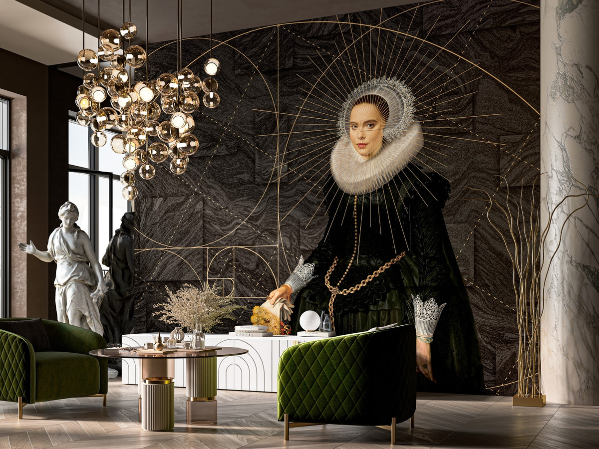 Aranżacja salonu z tapetą królowa geometria Bianco WallCraft