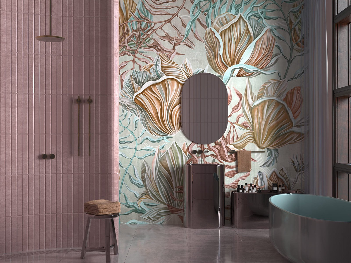 Tapeta na wymiar kwiaty i liście Bloom WallCraft 730312301 we wnętrzu łazienki