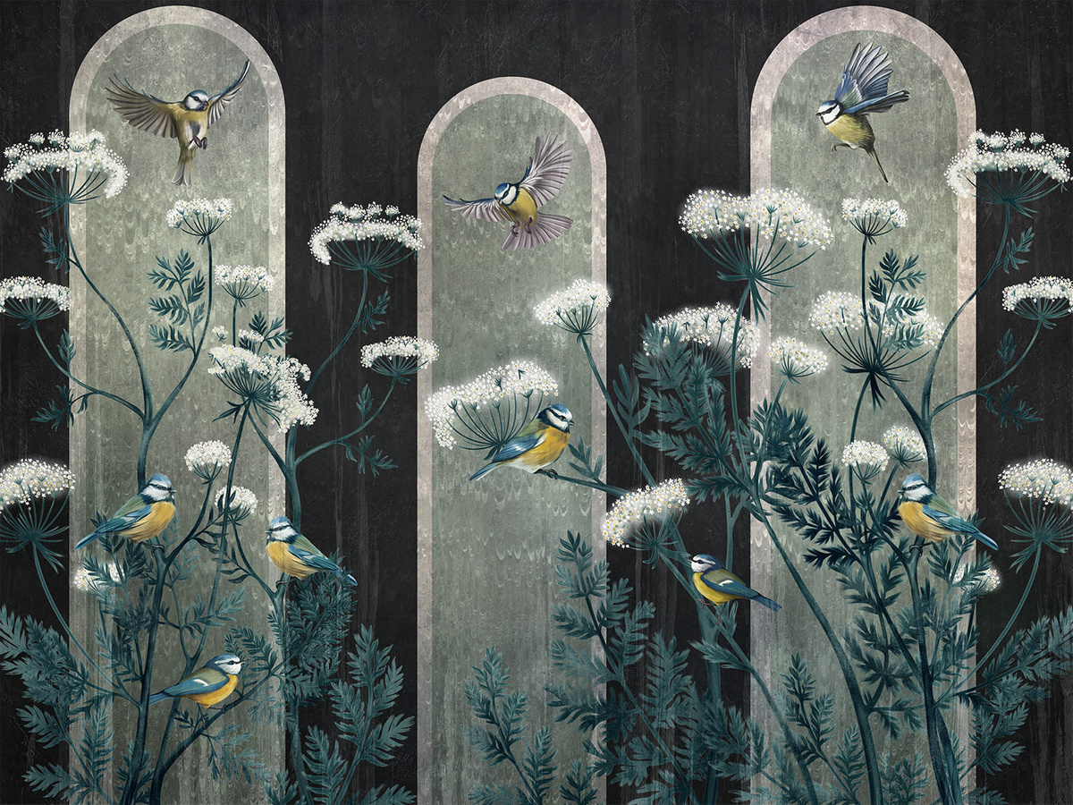 Grafika tapety ptaki na kwiatach Kerebi WallCraft 775322301 w pełnym kadrze