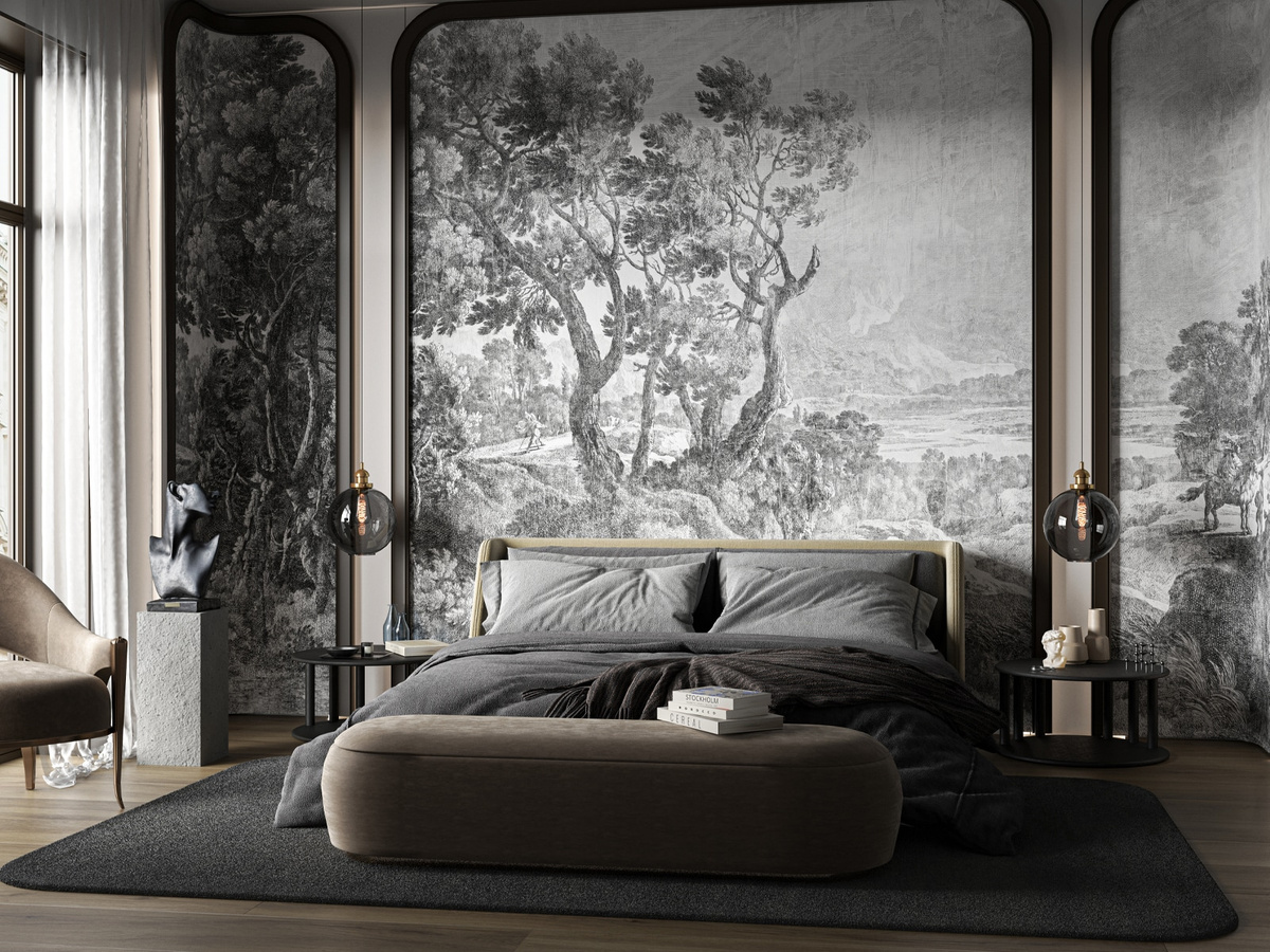 Tapeta sosnowy las Pino WallCraft 915312401 w aranżacji sypialni