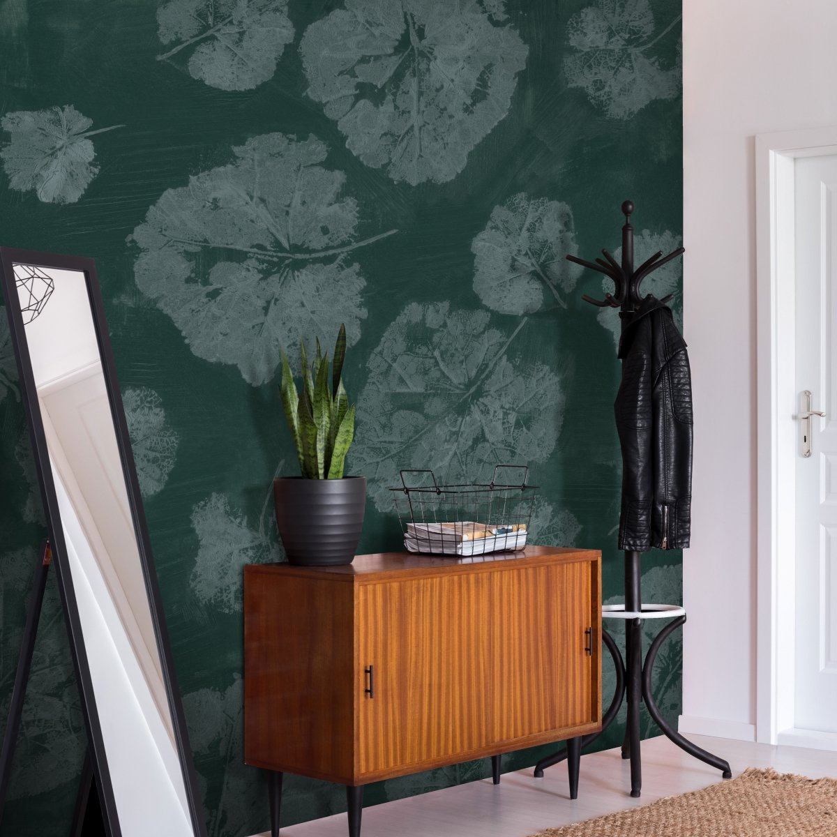 Zielona tapeta na wymiar WallArt do salonu z artystycznym motywem liści Foglia Sage