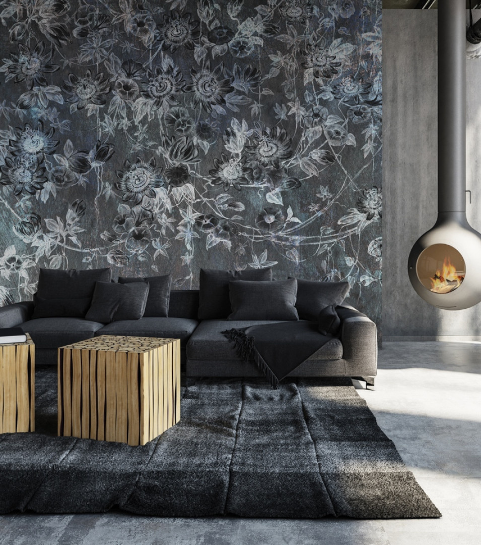 Mural na wymiar RAUV Tapeta w wiszące kwiaty ciemna w loftowym salonie z kominkiem