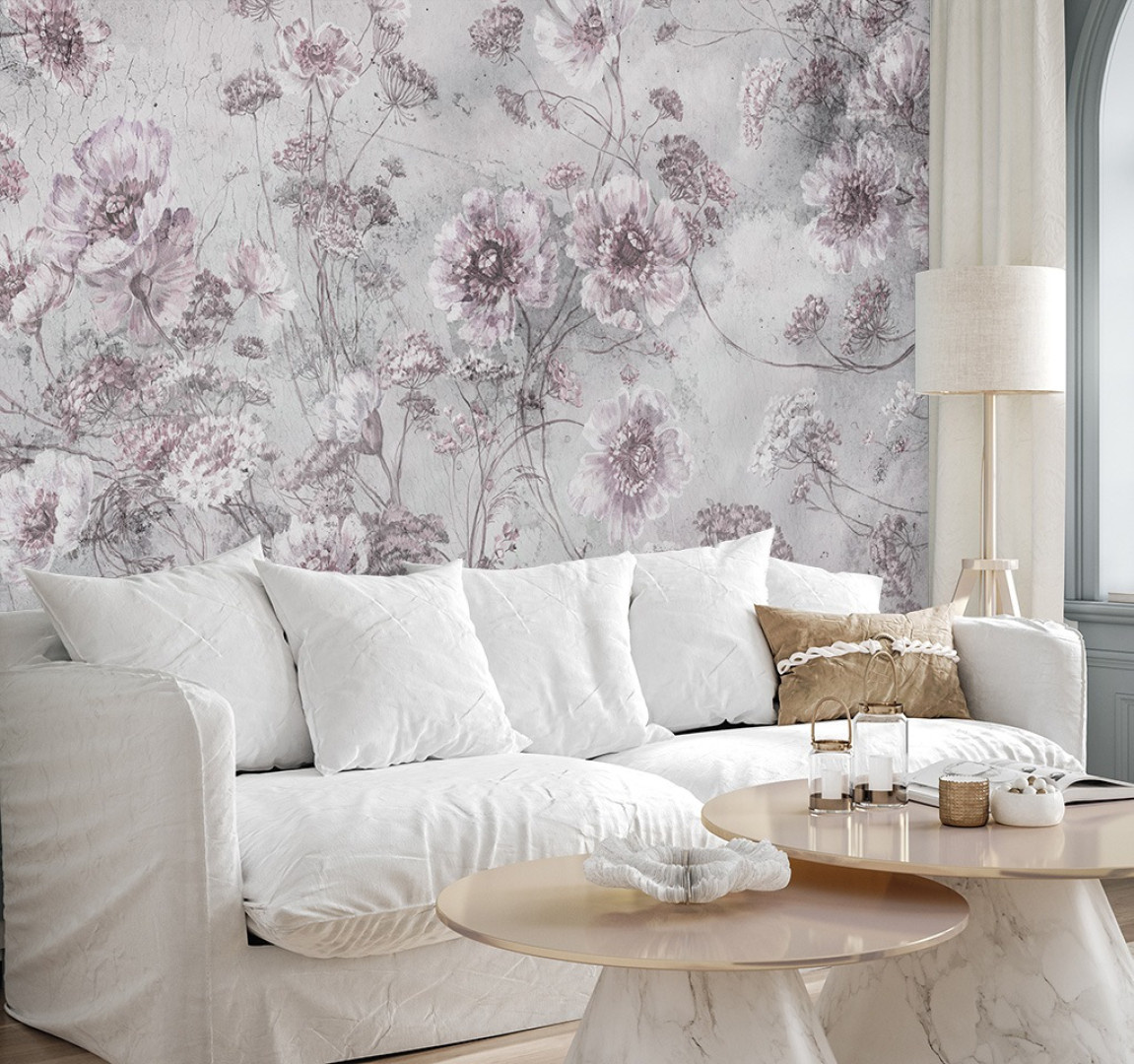 aranżacja salonu z tapetą na wymiar RAUV Tapeta w polne kwiaty fioletowe