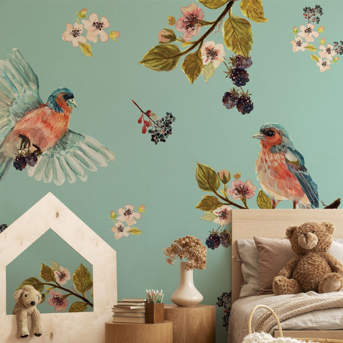 tapeta na wymiar WallArt do salonu i pokoju dziecka z motywem ptaków na miętowym tle
