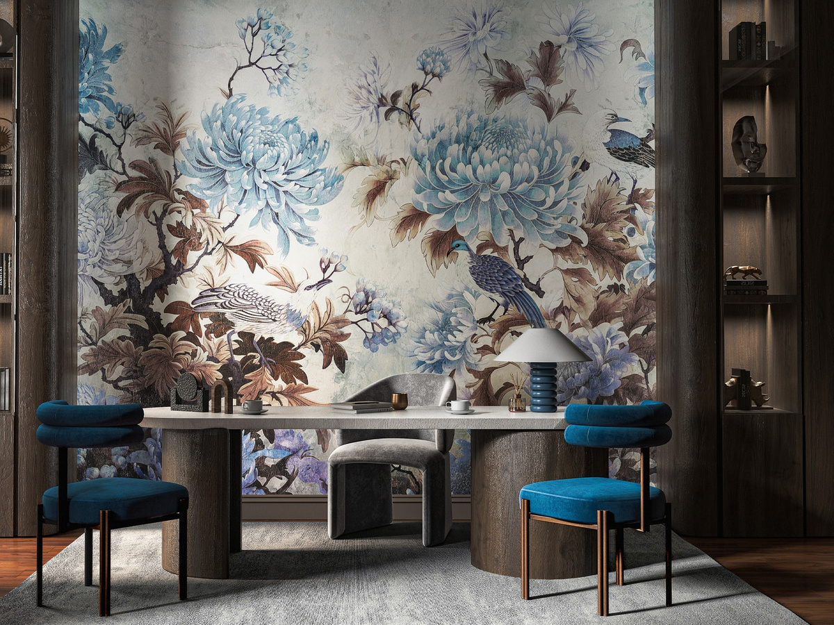 Tapeta egzotyczne kwiaty i rajskie ptaki Pember WallCraft 880312401 we wnętrzu