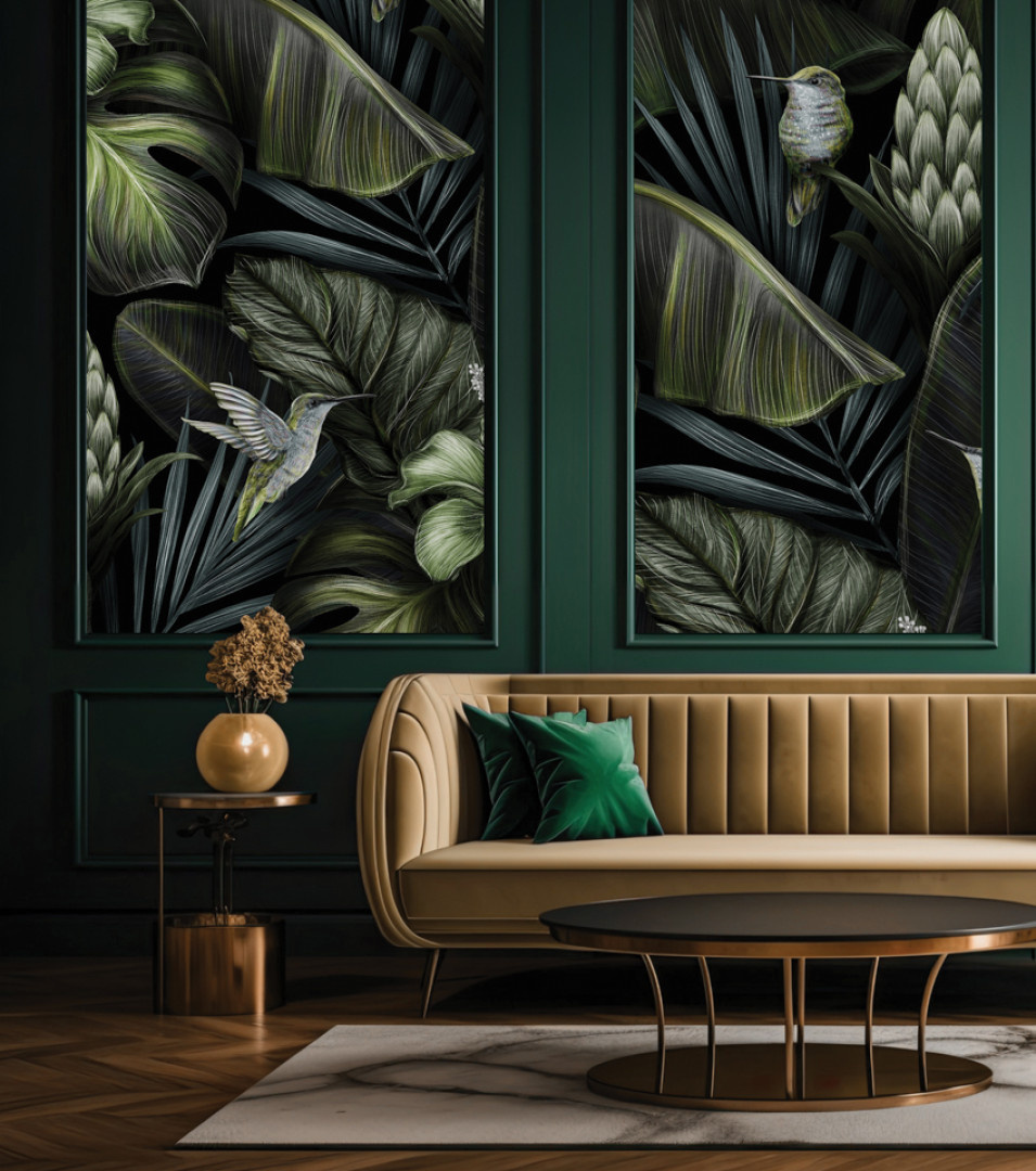 aranżacja salonu z tapetą na wymiar RAUV Tapeta botaniczna rośliny i kolibry 1