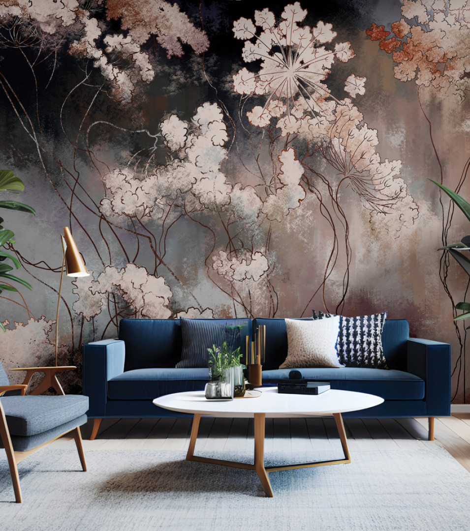 Tapeta w różowe kwiatki RAUV zamontowana w eleganckim salonie