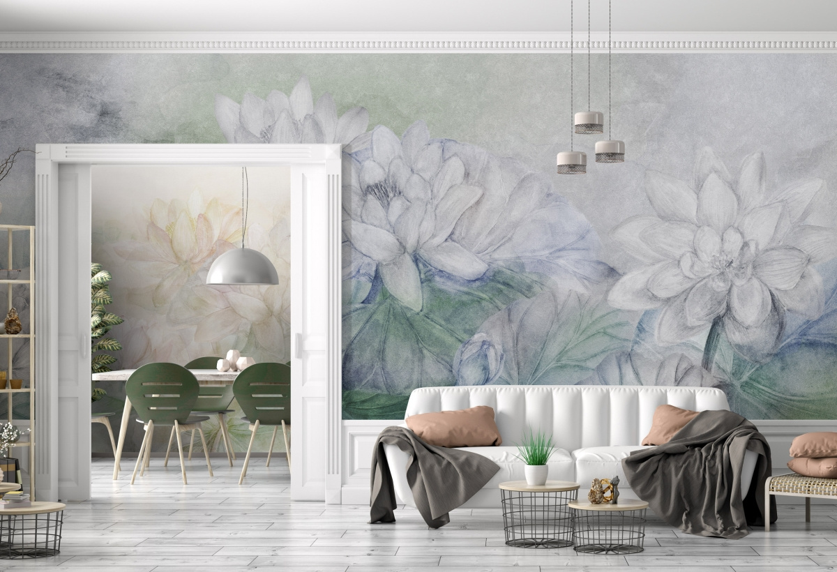 personalizowana tapeta winylowa z wizualizacją ściany – aranżacja salonu i jadalni Winter