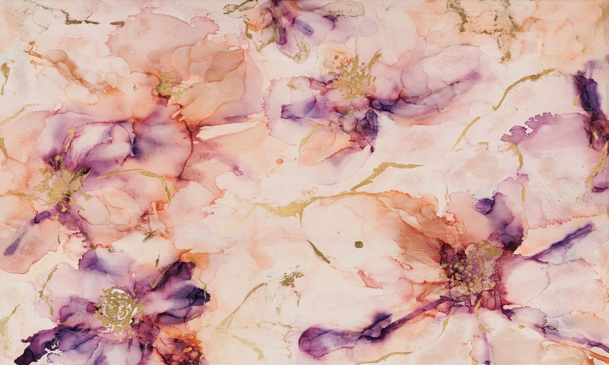 artystyczna tapeta panoramiczna Fascino WallArt – abstrakcyjne kwiaty w beżu różu i fiolecie