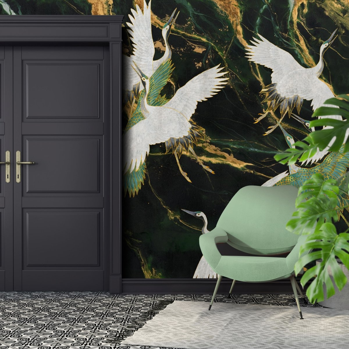 tapeta na wymiar WallArt do salonu – Emerald Tsuru, ciemne tło z żurawiami